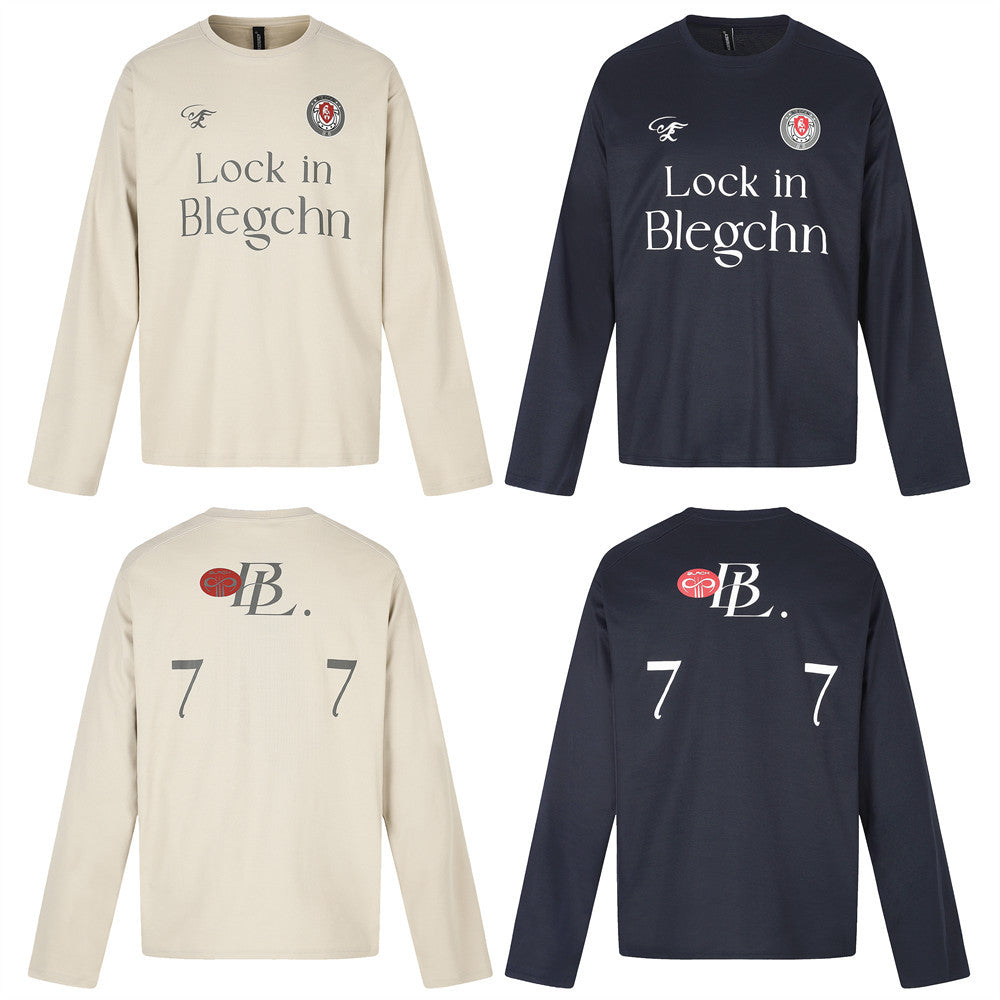 Long sleeve crew neck tee in beige and black, shown front and back with football-style graphics