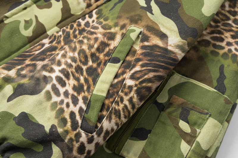 Camo Leopard Print Bomber Jacket with Faux Fur Hood