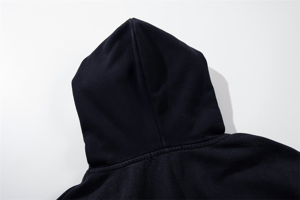 Men's Cropped Zip-Up Hoodie – Black Graphic Script with Detachable Faux Fur Hood