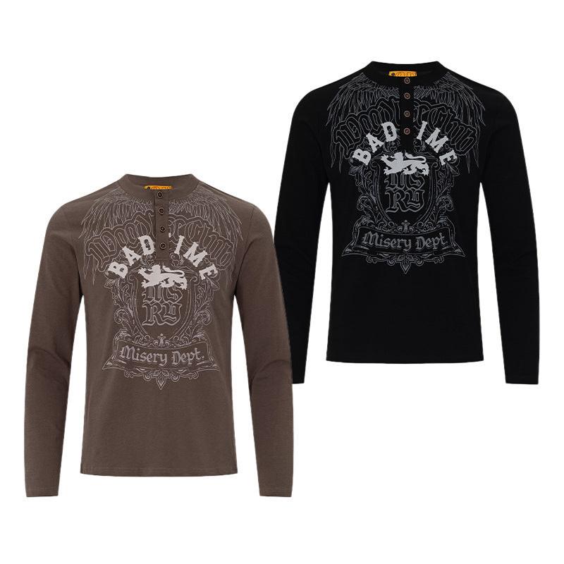 Herren-Langarm-Henley-Shirt mit Gothic-Graphic – Vintage-American-Streetwear-T-Shirt