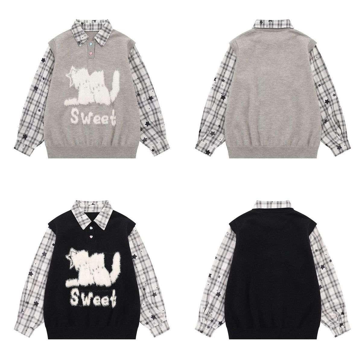 Sweet Cat Fuzzy Knit Sweater with Plaid Shirt Layered Pullover