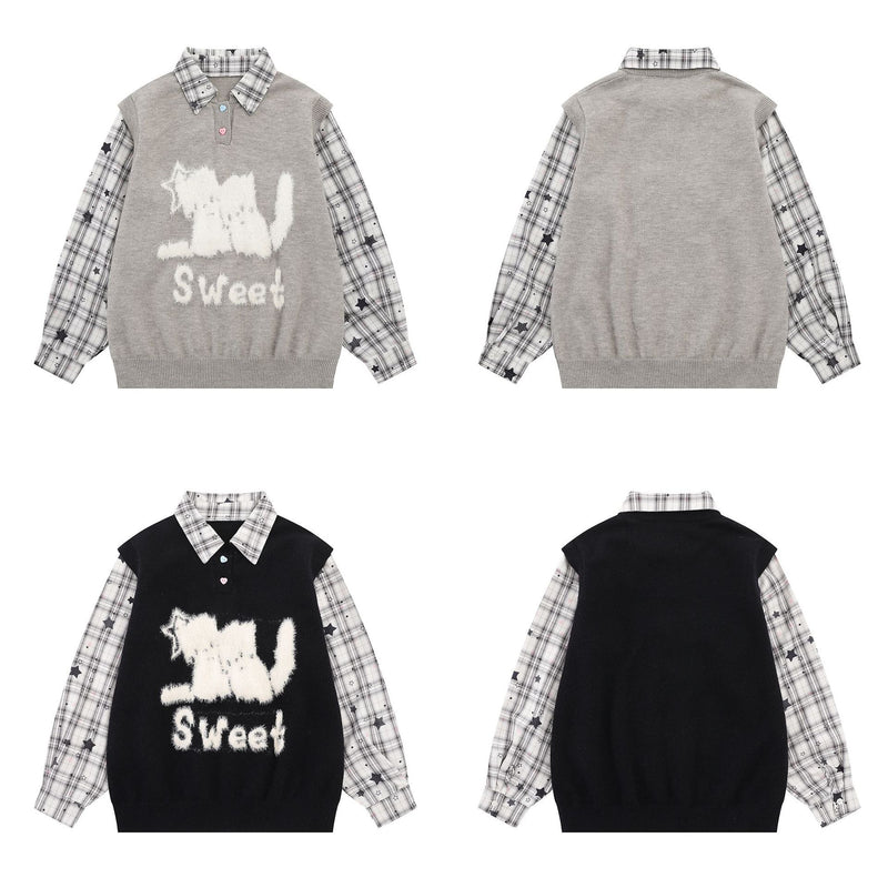 Sweet Cat Fuzzy Knit Sweater with Plaid Shirt Layered Pullover