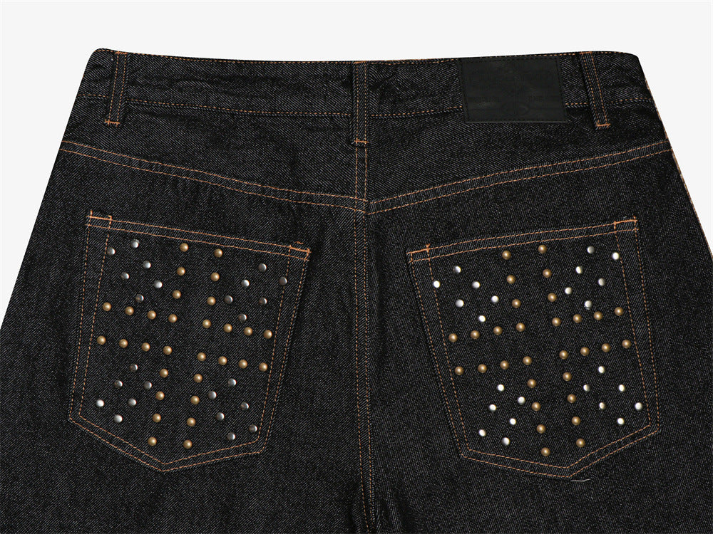 Men's Wide-Leg Raw Denim Jeans with Union Jack Rolled Cuffs & Studded Back