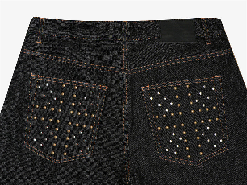 Men's Wide-Leg Raw Denim Jeans with Union Jack Rolled Cuffs & Studded Back