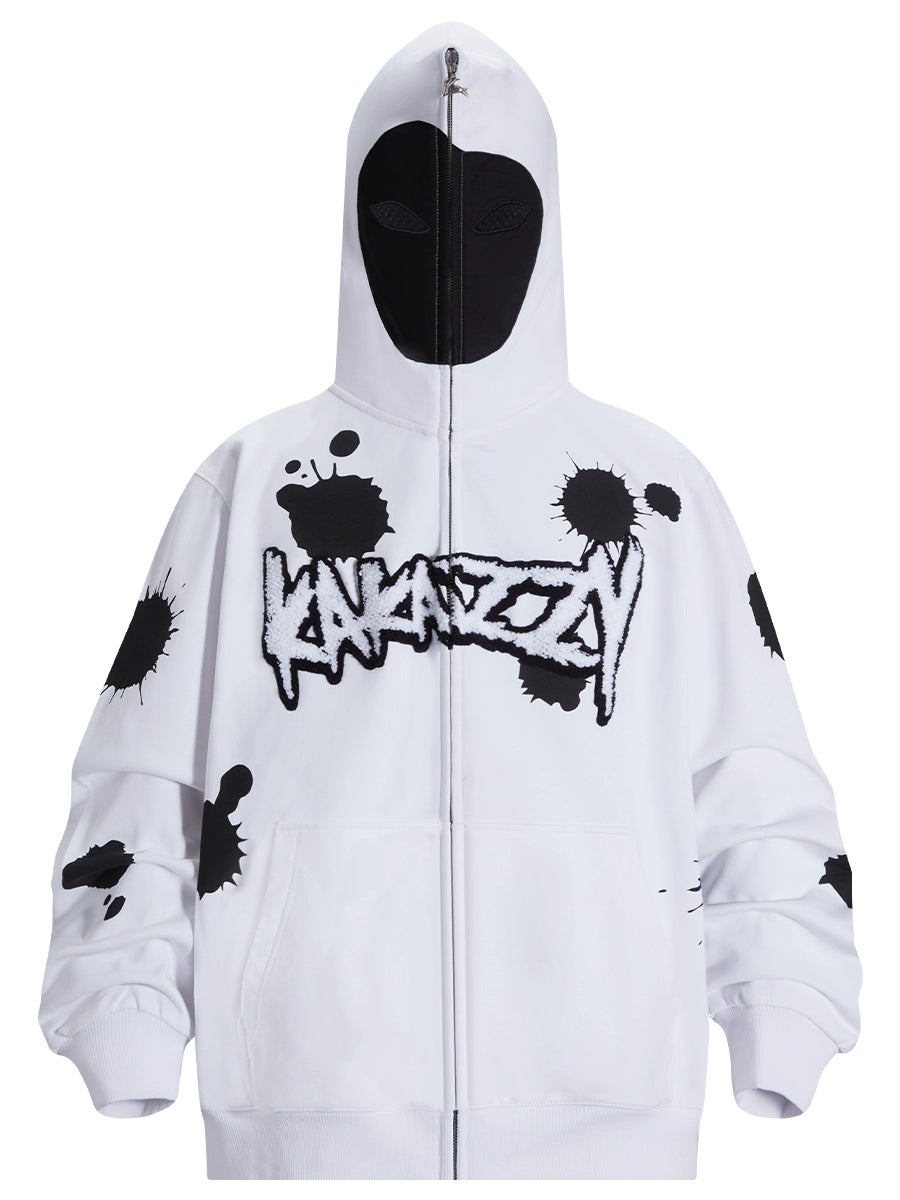 Monochrome Ink Splatter Hoodie - 400GSM Oversized White and Black Zip-Up Streetwear Sweatshirt