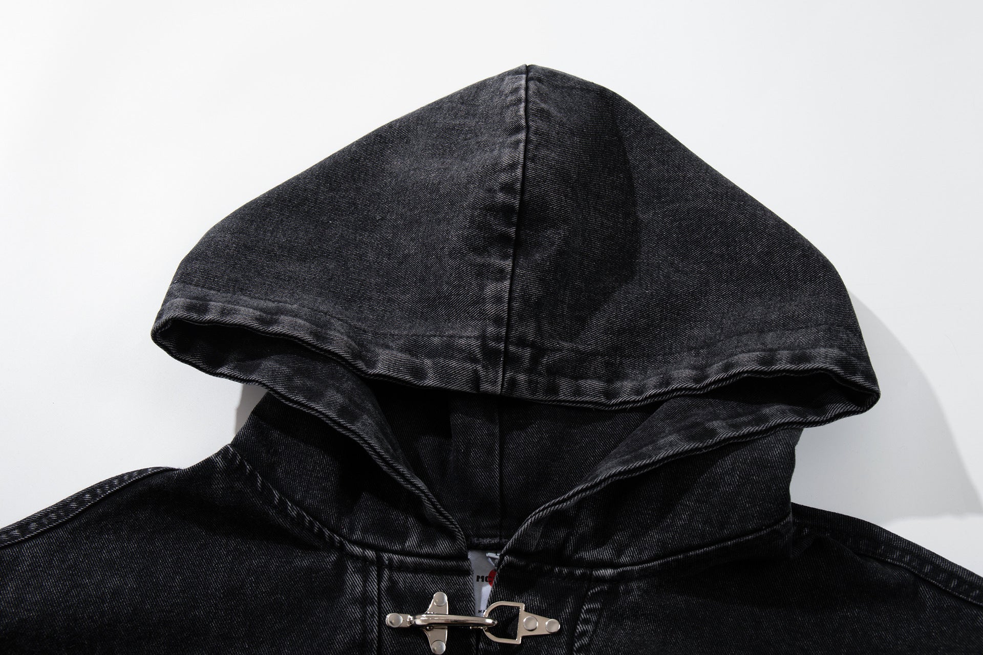 Washed Black Denim Hoodie Pullover with Metal Clasp Buckles