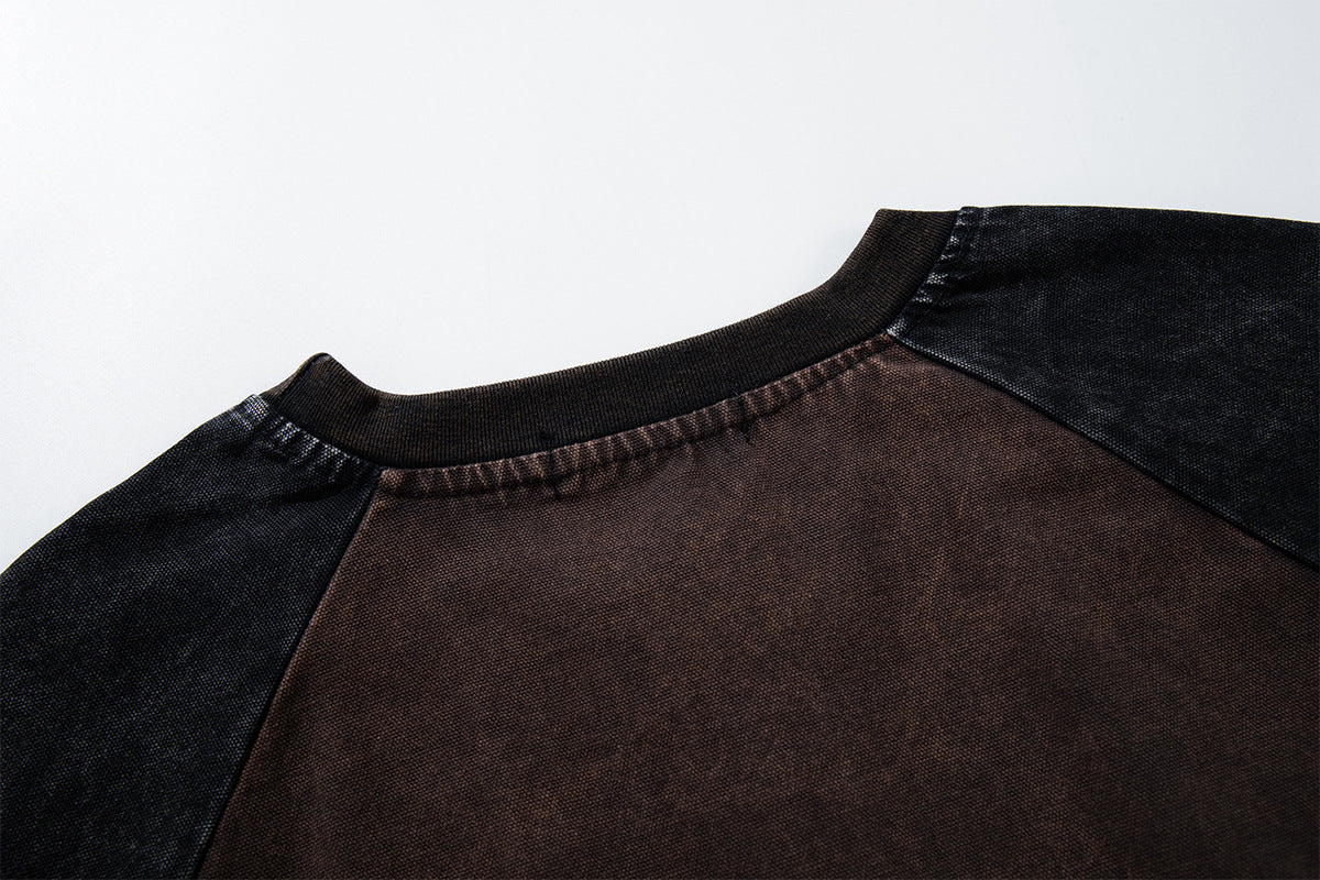 Long Sleeve Brown Shirt Raglan Patchwork Washed Vintage Streetwear Top