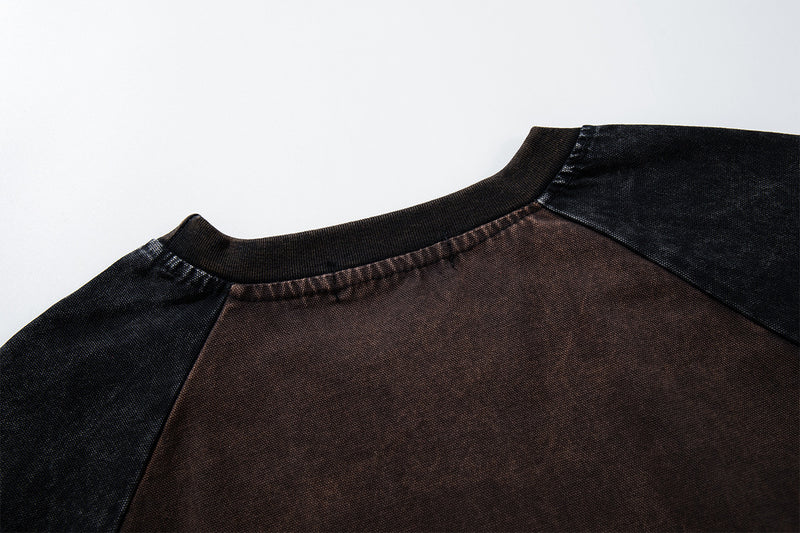Long Sleeve Brown Shirt Raglan Patchwork Washed Vintage Streetwear Top
