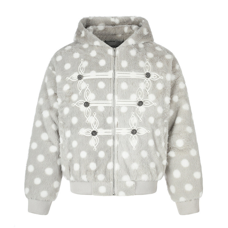 Polka Dot Faux Mink Hooded Zip Jacket – Oversized Streetwear Coat with Ornate