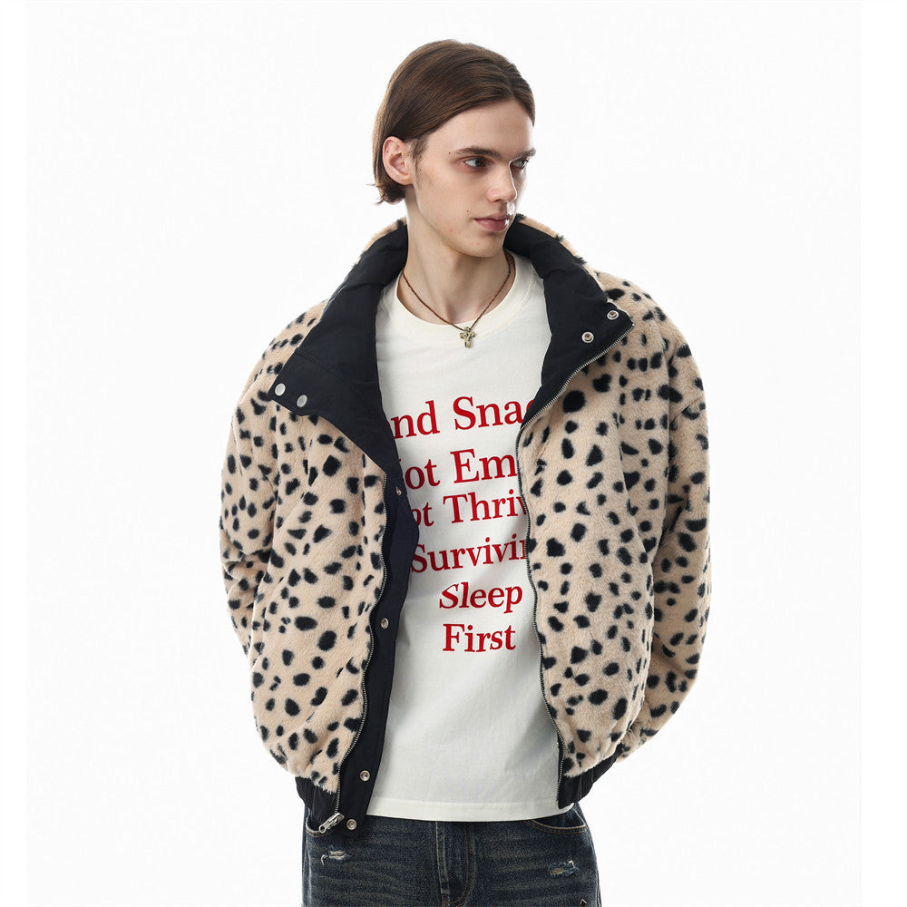 Reversible Stand-Collar Jacket Men's Dalmatian Faux Fur & Nylon Oversized Bomber