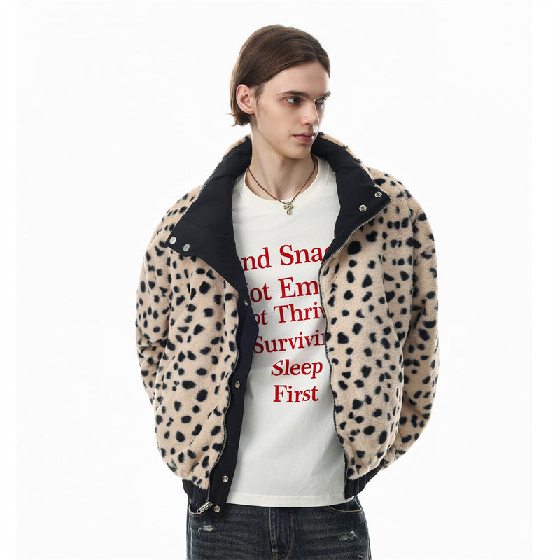 Reversible Stand-Collar Jacket Men's Dalmatian Faux Fur & Nylon Oversized Bomber