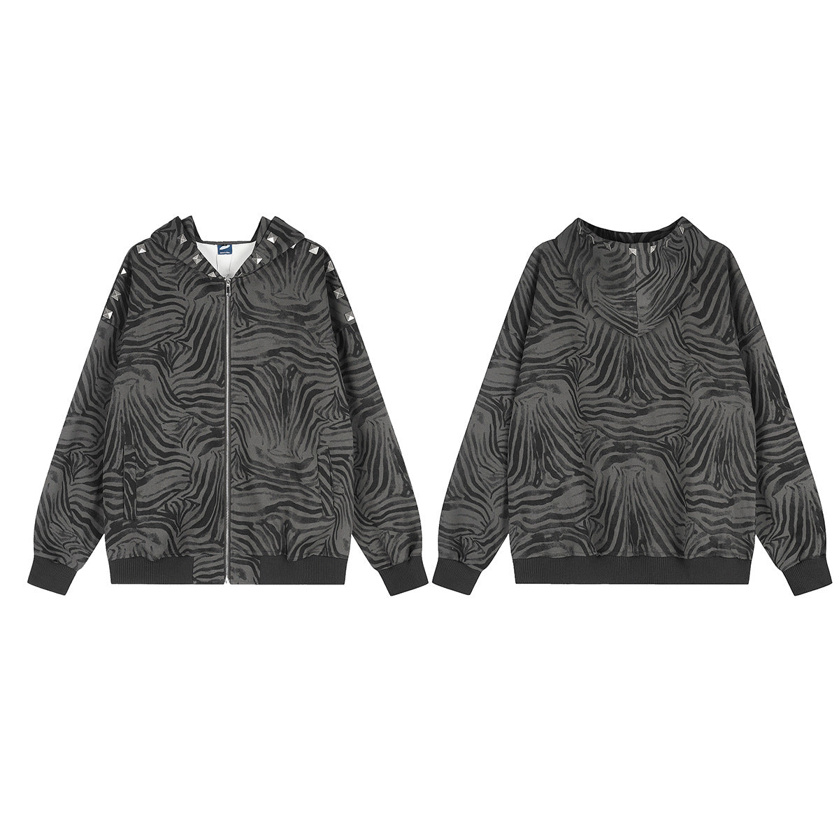 Zebra Print Zip-Up Hoodie Jacket with Pyramid Studs — Grey