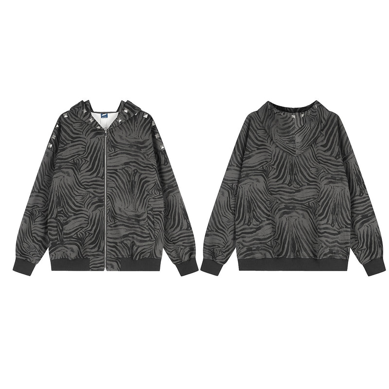 Zebra Print Zip-Up Hoodie Jacket with Pyramid Studs — Grey