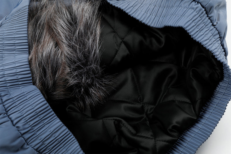 Studded Puffer Bomber Jacket with Faux Fur Hood