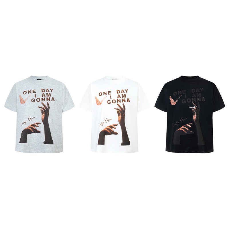 Graphic Print Short Sleeve T-Shirt – One Day I Am Gonna Hand & Butterfly Print