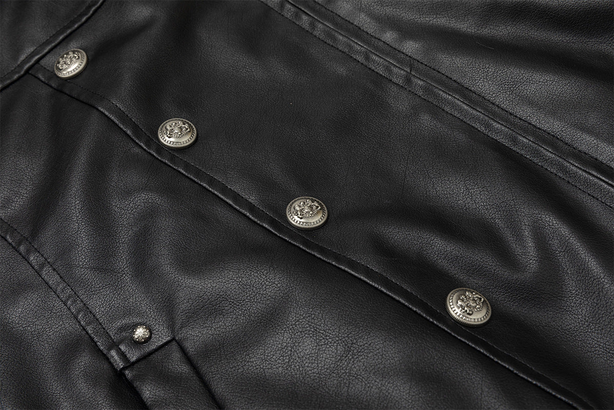 Schwarze Kunstlederjacke mit Kapuze – zweireihig mit Kapuze aus Leoparden-Kunstfell