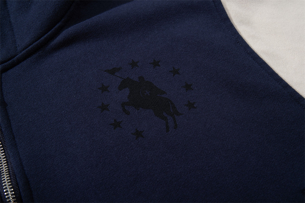 Rebirth 7 Colorblock-Zip-Hoodie – Distressed Varsity-Sweatshirt in Navy & Creme