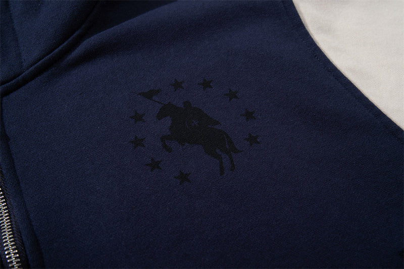 Rebirth 7 Colorblock-Zip-Hoodie – Distressed Varsity-Sweatshirt in Navy & Creme
