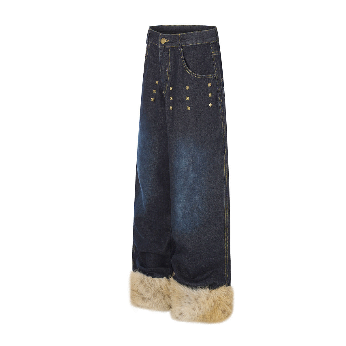 Baggy-Jeans mit weitem Bein, Pelzbesatz am Saum und goldfarbenen Nieten