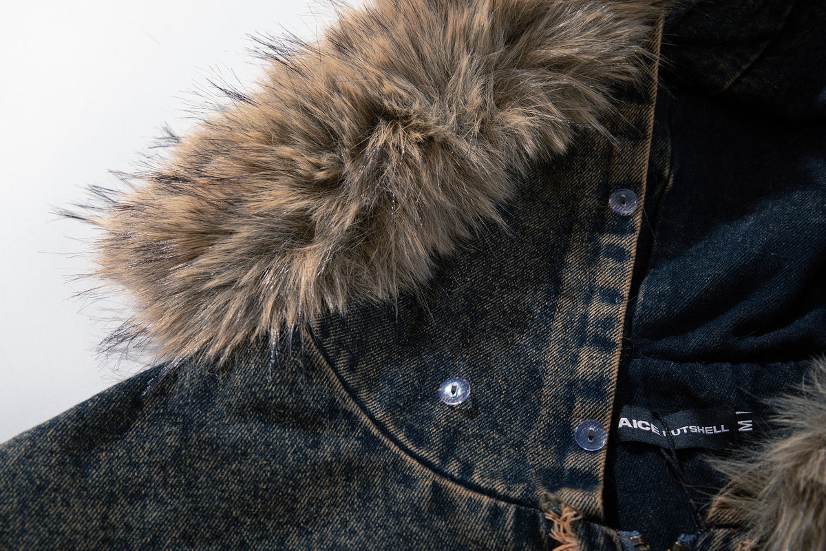 Hooded Denim Jacket with Fur Collar, Number 23 Varsity Patch & Acid Wash Finish