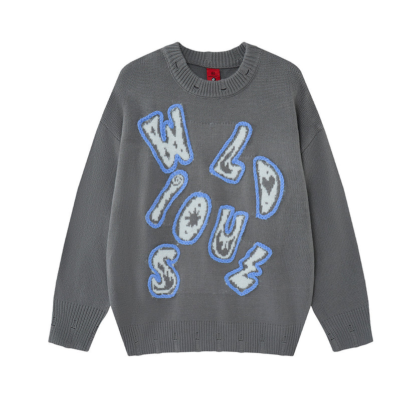 Pull en maille à lettres graffiti Wild Soul – Col rond oversize, style vintage américain
