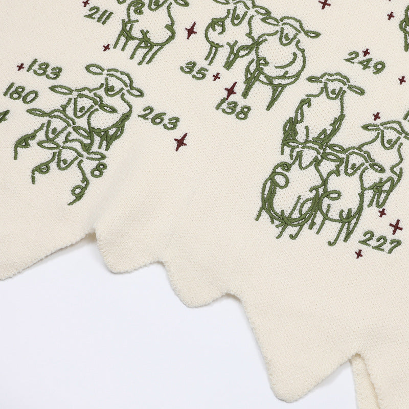 V-Neck Knit Sweater Vest with Sheep Jacquard Graphic — Retro College Style