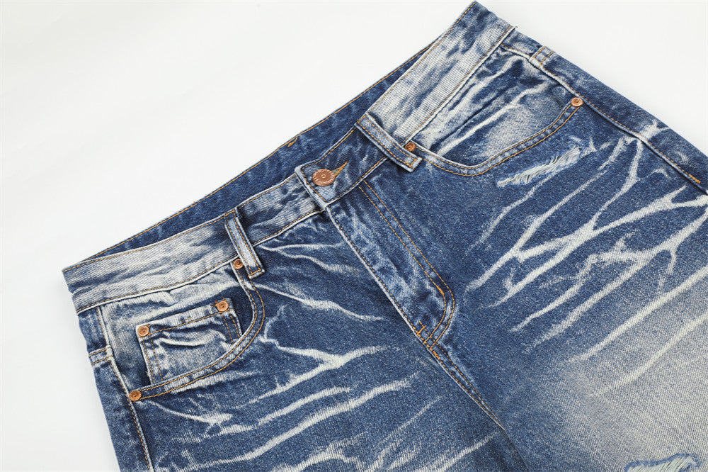 Wide-Leg Distressed Jeans – Lightning Wash Vintage Blue Straight-Fit Denim