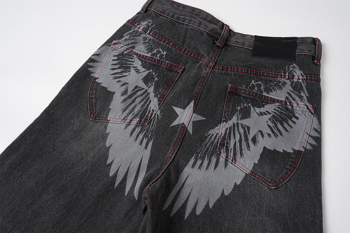 Wide-Leg Jeans Washed Black Gothic Wing Print with Red Contrast Stitching