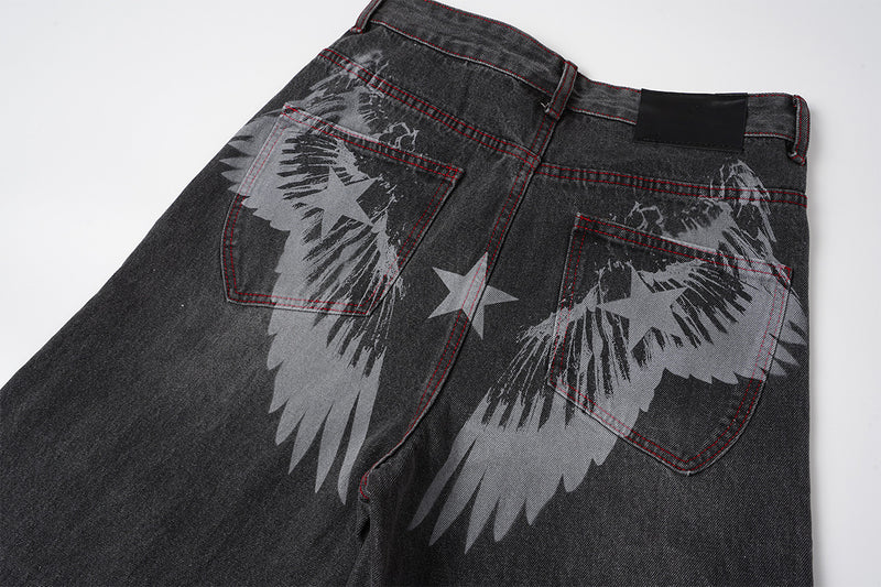 Wide-Leg Jeans Washed Black Gothic Wing Print with Red Contrast Stitching