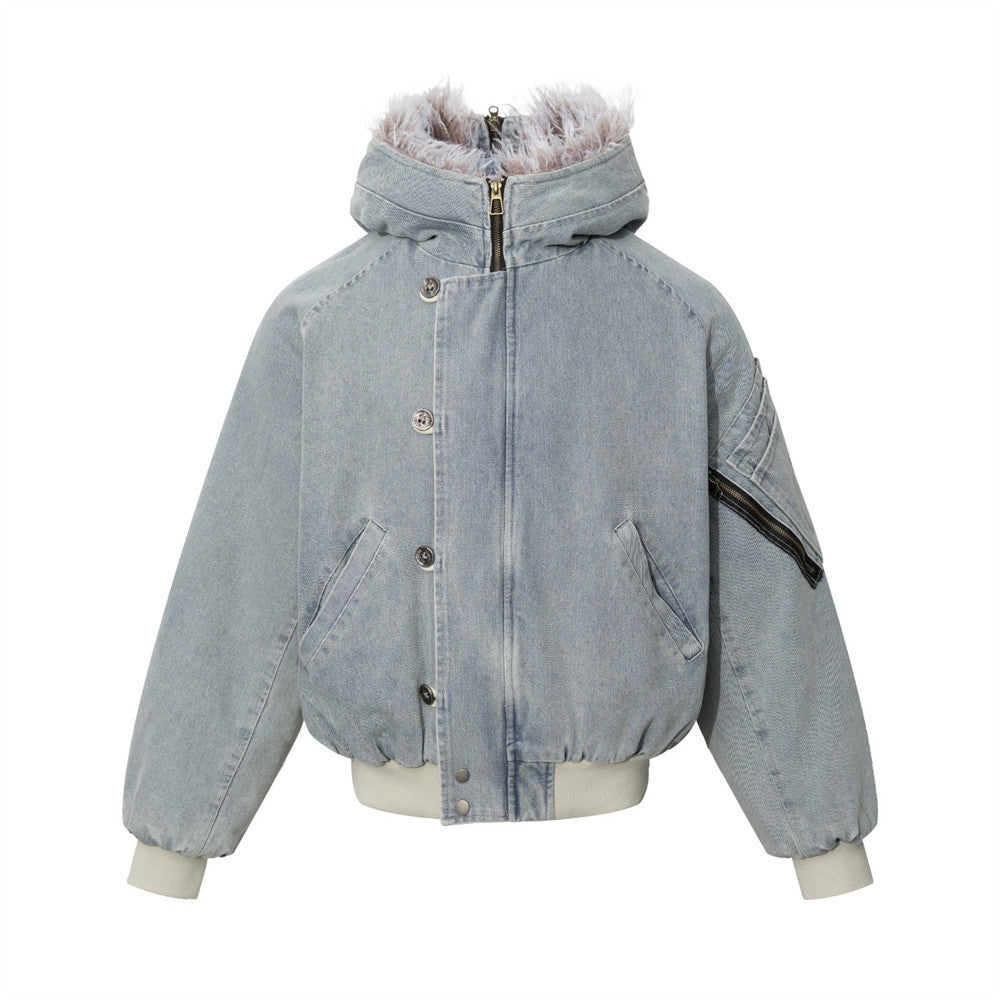 Oversized washed light blue denim hooded bomber jacket with faux fur collar trim and ribbed cuffs, front and back view