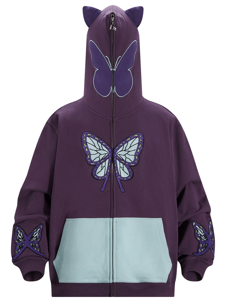 Butterfly Hoodie - 400GSM Oversized Purple and Mint Green Zip-Up Sweatshirt with Ear Design