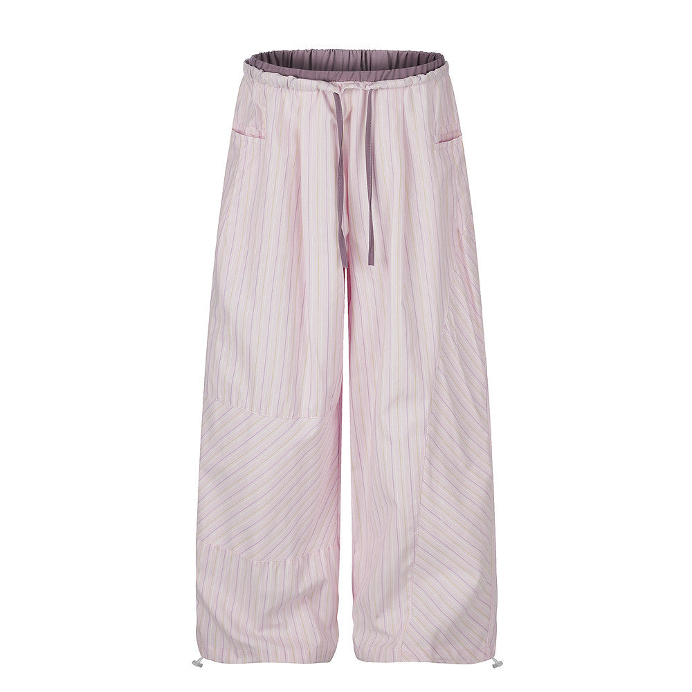 Japanese Striped Wide-Leg Pants – Irregular Patchwork Double Waistband Relaxed F
