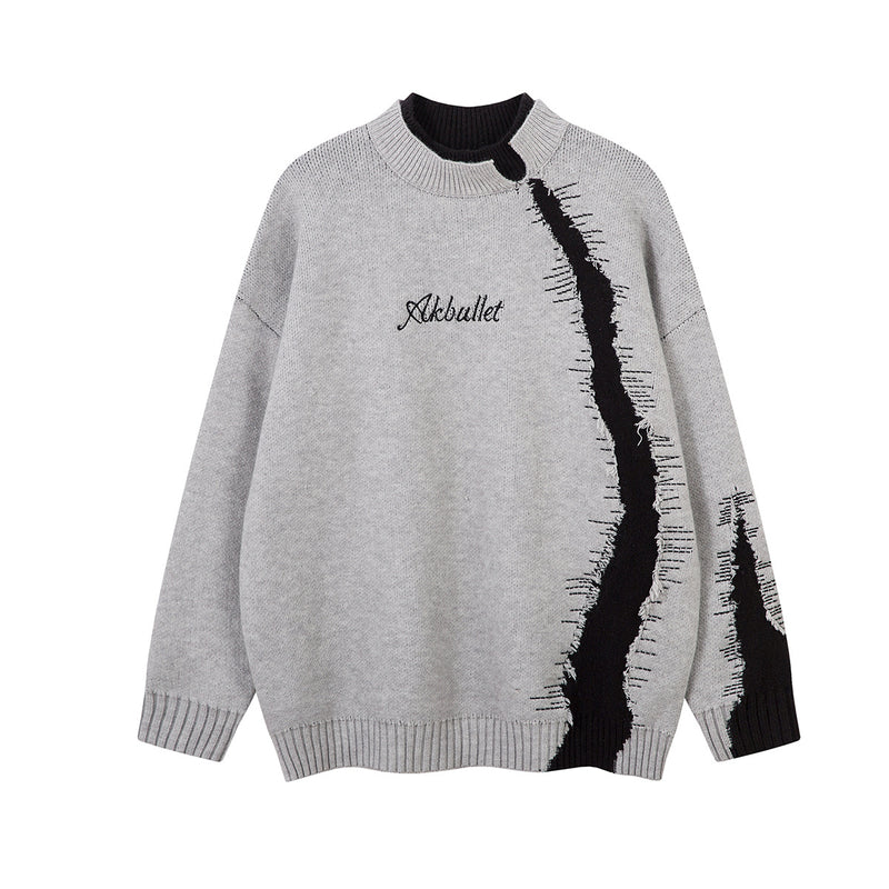 Akbullet oversized distressed knit sweater with diagonal raw-edge contrast stripe and double-layer mock neck in heather grey