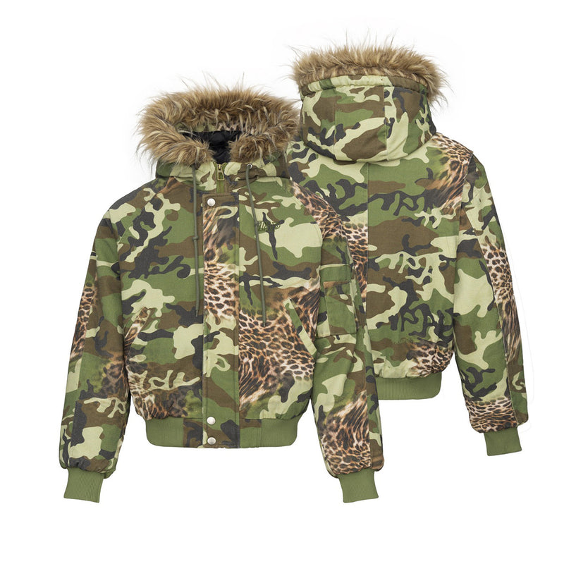 Camo Leopard Print Bomber Jacket with Faux Fur Hood
