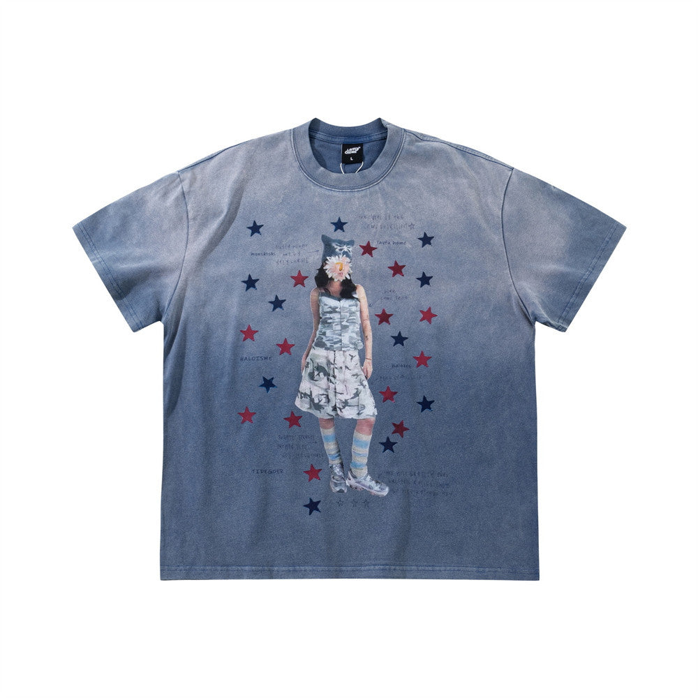 Men's Oversized Graphic Tee – Star Print Washed Short Sleeve T-Shirt