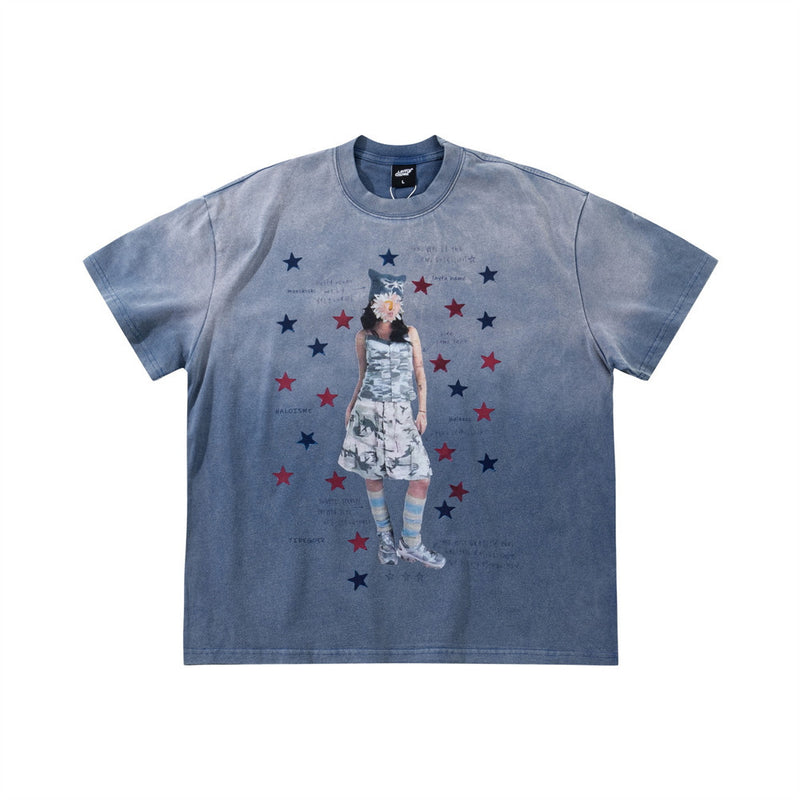 Men's Oversized Graphic Tee – Star Print Washed Short Sleeve T-Shirt