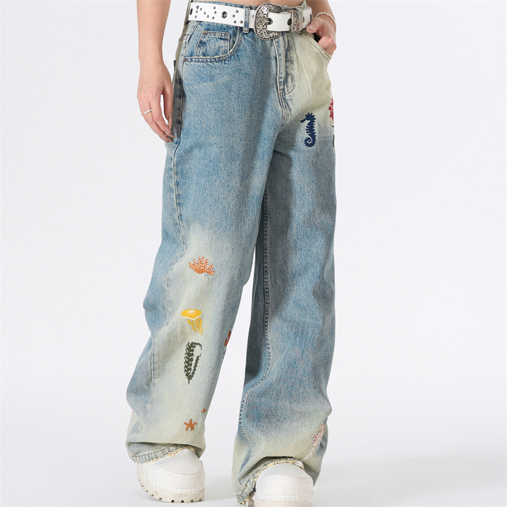 Wide-Leg Jeans with Ocean Embroidery & Gradient Wash