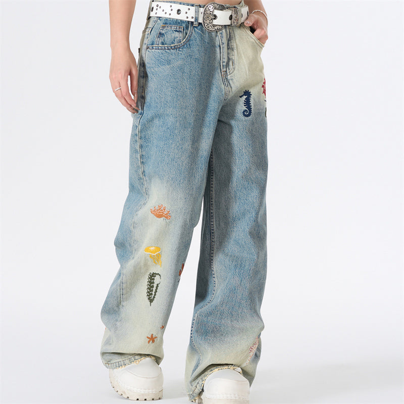 Wide-Leg Jeans with Ocean Embroidery & Gradient Wash