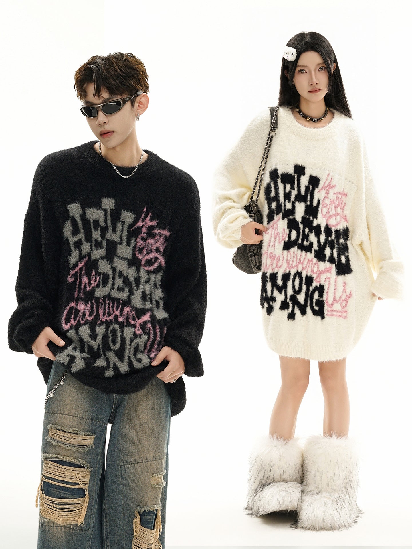 Pull oversize en maille jacquard à lettrage – Hell Is Empty, motif graffiti