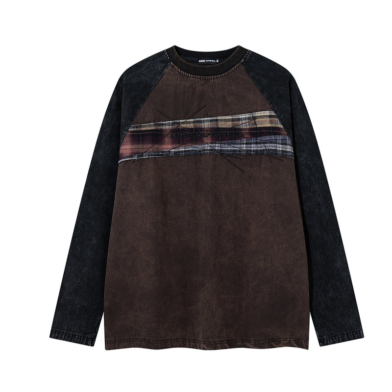 Long Sleeve Brown Shirt Raglan Patchwork Washed Vintage Streetwear Top