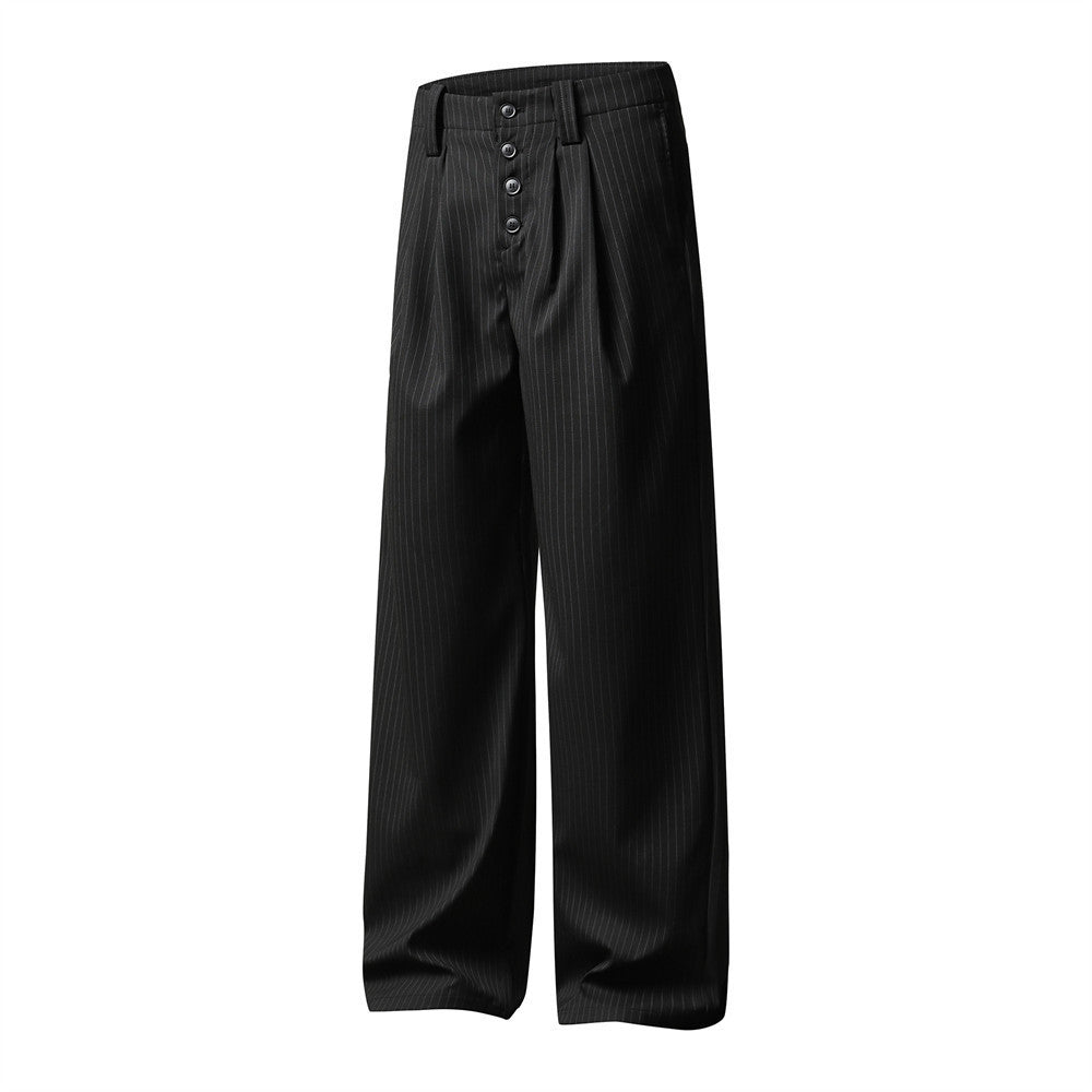 Men's Black Pinstripe Wide-Leg Trousers – Pleated Button-Fly Dress Pants
