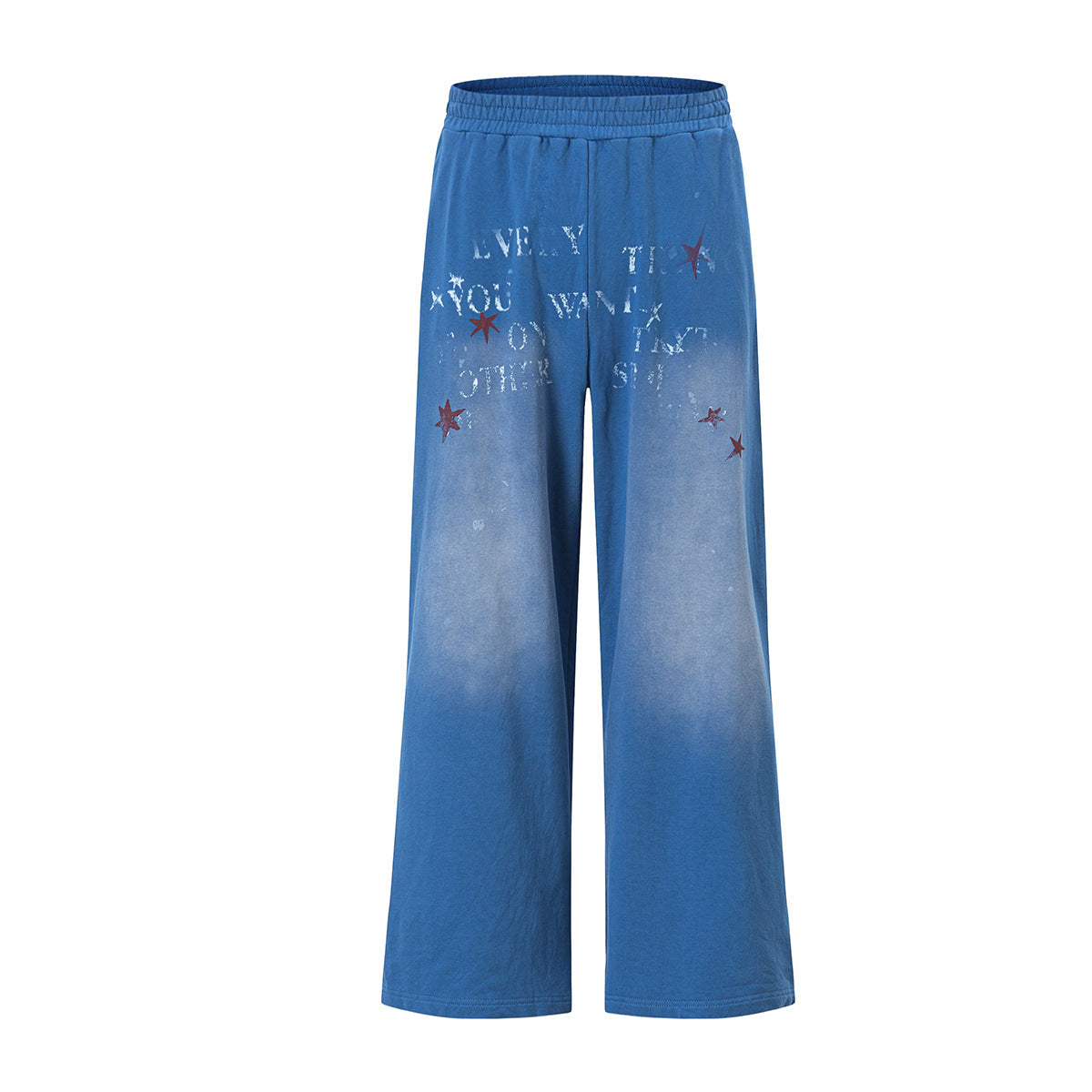 Pantalon de survêtement bleu délavé à jambe large avec motif de lettres au pochoir et imprimé étoile rouge, taille élastique et coupe droite