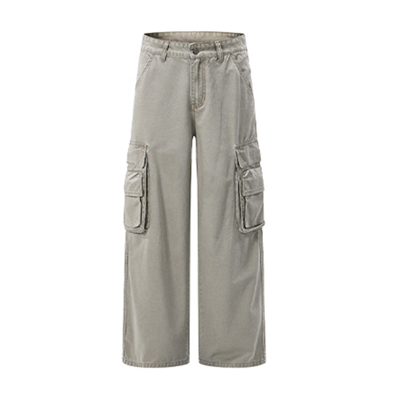 Pantalon cargo homme à jambes larges – Pantalon droit délavé à poches multiples