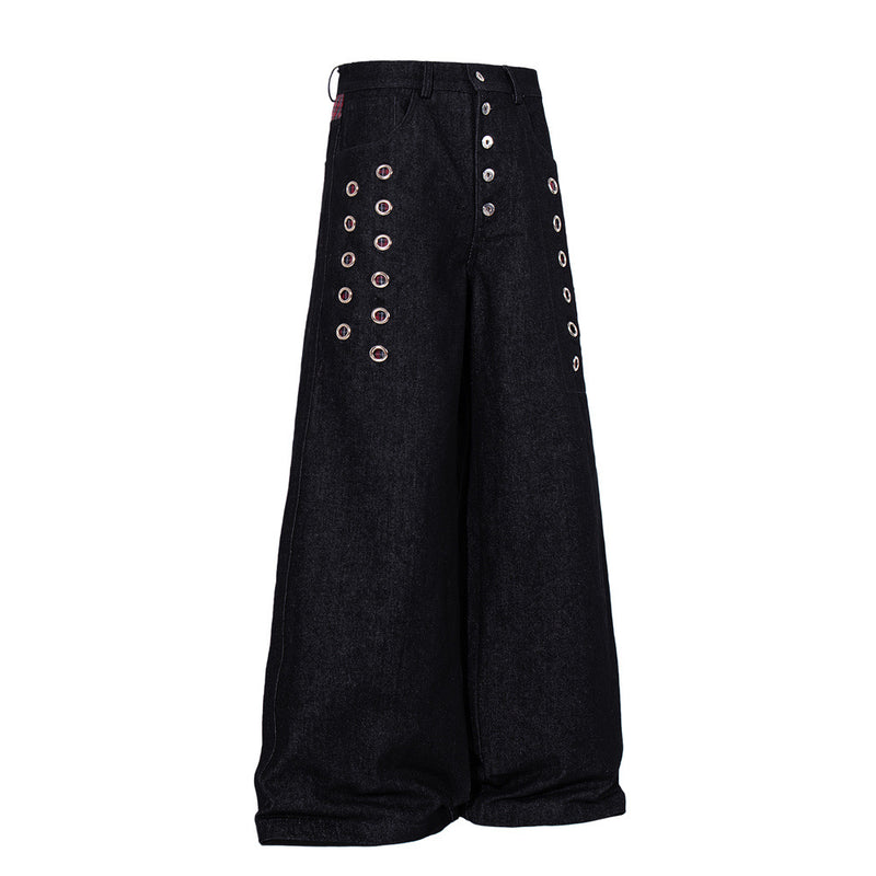 Wide-Leg Denim Jeans with Metal Eyelet Detail & Button Fly