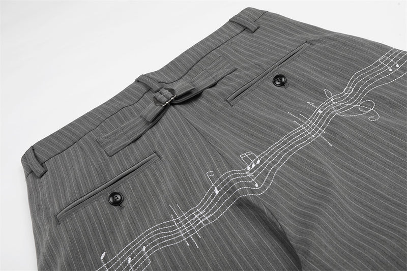 Pinstripe Wide-Leg Trousers with Music Note Embroidery