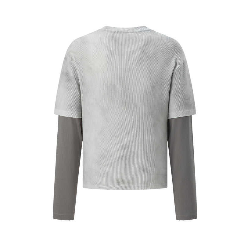 Faux Two-Piece Long Sleeve Graphic Tee – Waffle Knit Face Print Crew Neck Shirt