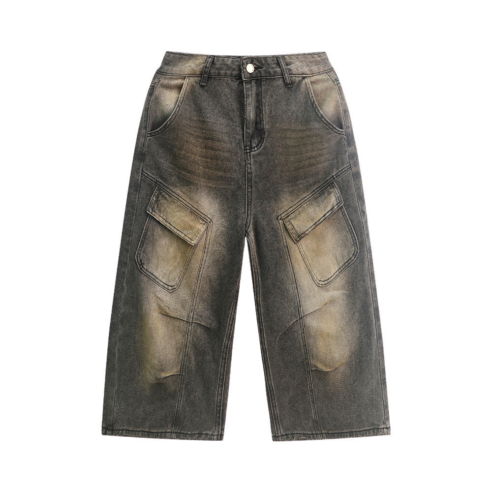 Vintage Washed Cargo Denim Shorts – Distressed Wide Leg Multi-Pocket