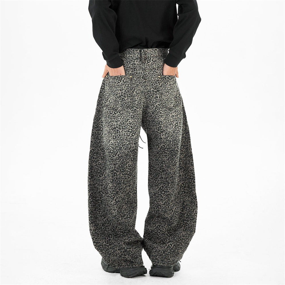 Leopard Print Wide-Leg Jeans – Vintage Washed Oversized Baggy Denim Pants