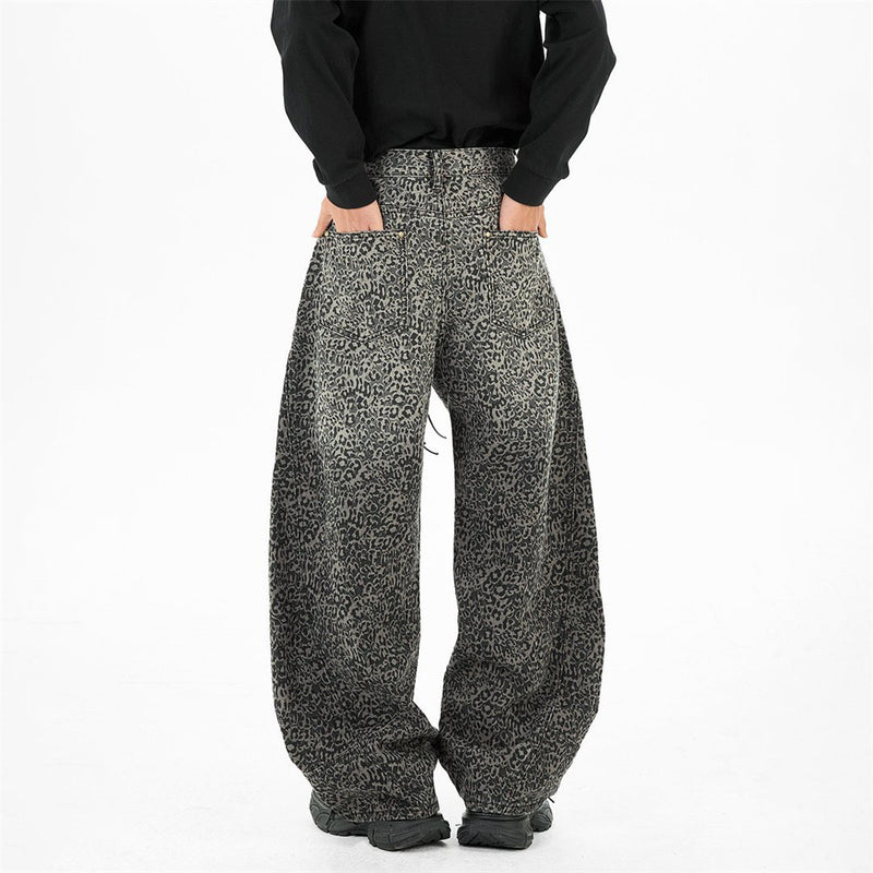 Leopard Print Wide-Leg Jeans – Vintage Washed Oversized Baggy Denim Pants