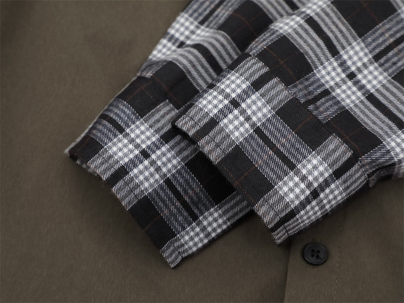 Plaid Splice Long Sleeve Shirt – Faux Two-Piece Brushstroke Detail, Relaxed Fit